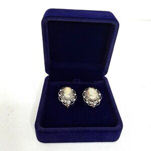 Vintage Cameo Clip-On Earrings Sterling Silver Filigree Frame Mother of Pearl